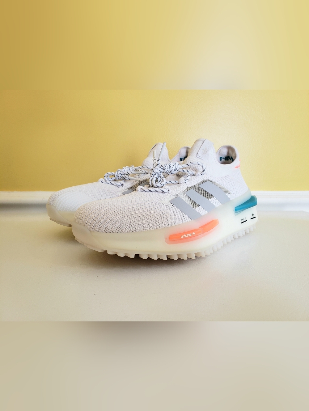 NWOB! ADIDAS Men's NMD S1 Athleisure PrimeKnit Sneakers (9.5) White/Orange/Teal
